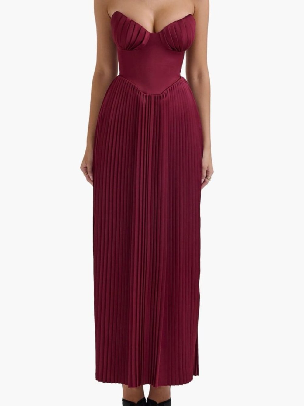 House of CB burgundy pleated maxi dress